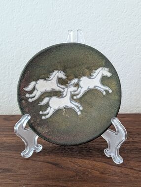 Jeremy Diller Raku Pottery Plate 5.25" Iridescent Glaze Three Horses Signed